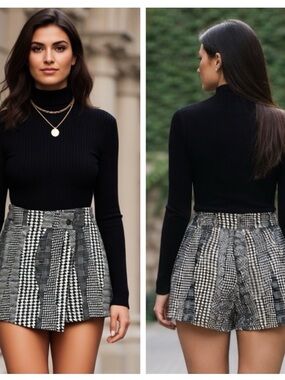 MO:VINT NEW YORK Black Cream Houndstooth Wrap Front Skorts High Waisted Casual M
